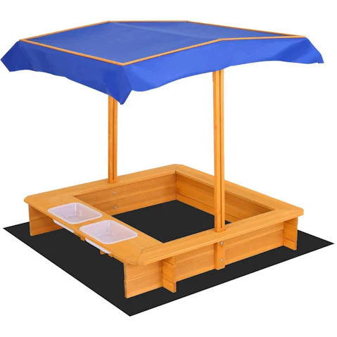 Keezi Outdoor Canopy Sandpit with Dual Plastic Water Basin - Natural Wood