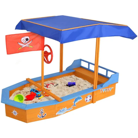 Keezi Sandpit Jumbo Boat with Canopy - Natural Wood