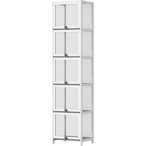 Oikiture Display Storage Cabinet Slim 5-Tier Shelves Clear Bookcase Rack - White