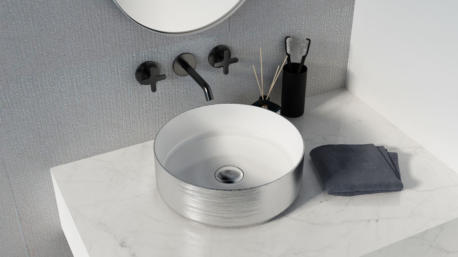 Sanceramica Glamour Round 365mm Vessel Basin - Gloss White/RKD Silver