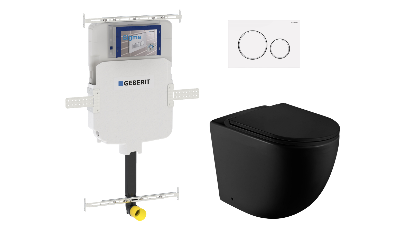 Geberit Sigma8 Cistern + Curve UQF Matte Black Wall-Faced Toilet Pan with Sigma 20 Matte White Flush Plate