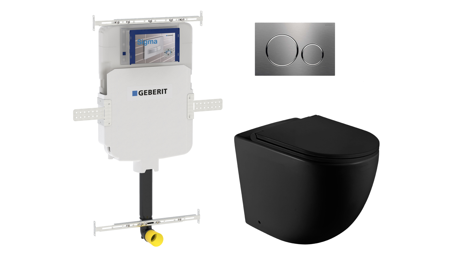 Geberit Sigma8 Cistern + Curve UQF Matte Black Wall-Faced Toilet Pan with Sigma 20 Brushed Stainless Steel Flush Plate