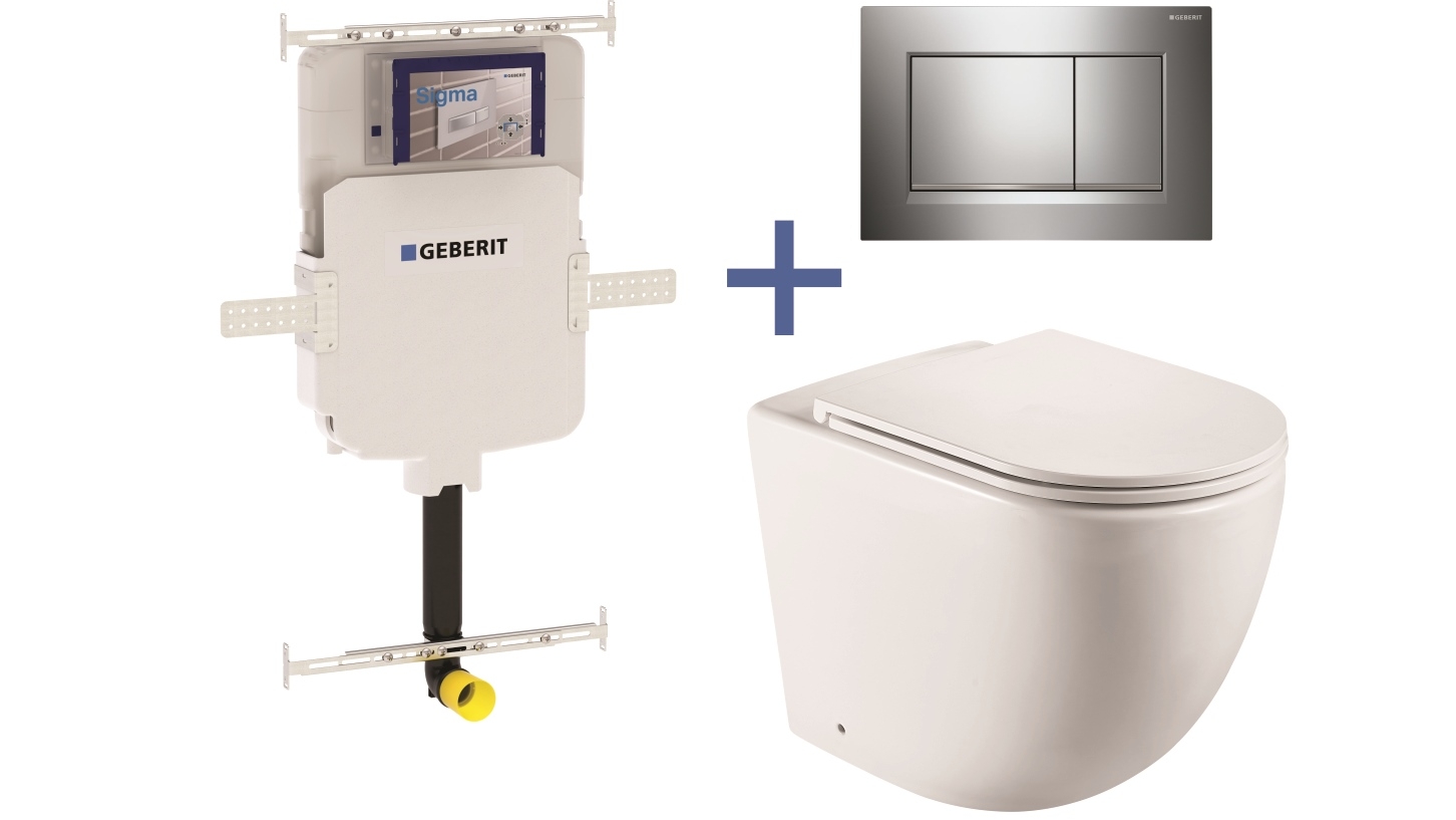 Geberit Sigma8 Cistern + Curve UQF Matte White Wall-Faced Toilet Pan with Sigma 30 Chrome Flush Plate
