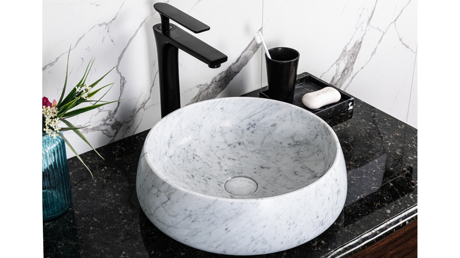 Sanceramica Lotus Vessel Marble Above Counter Basin - Carrara White Natural