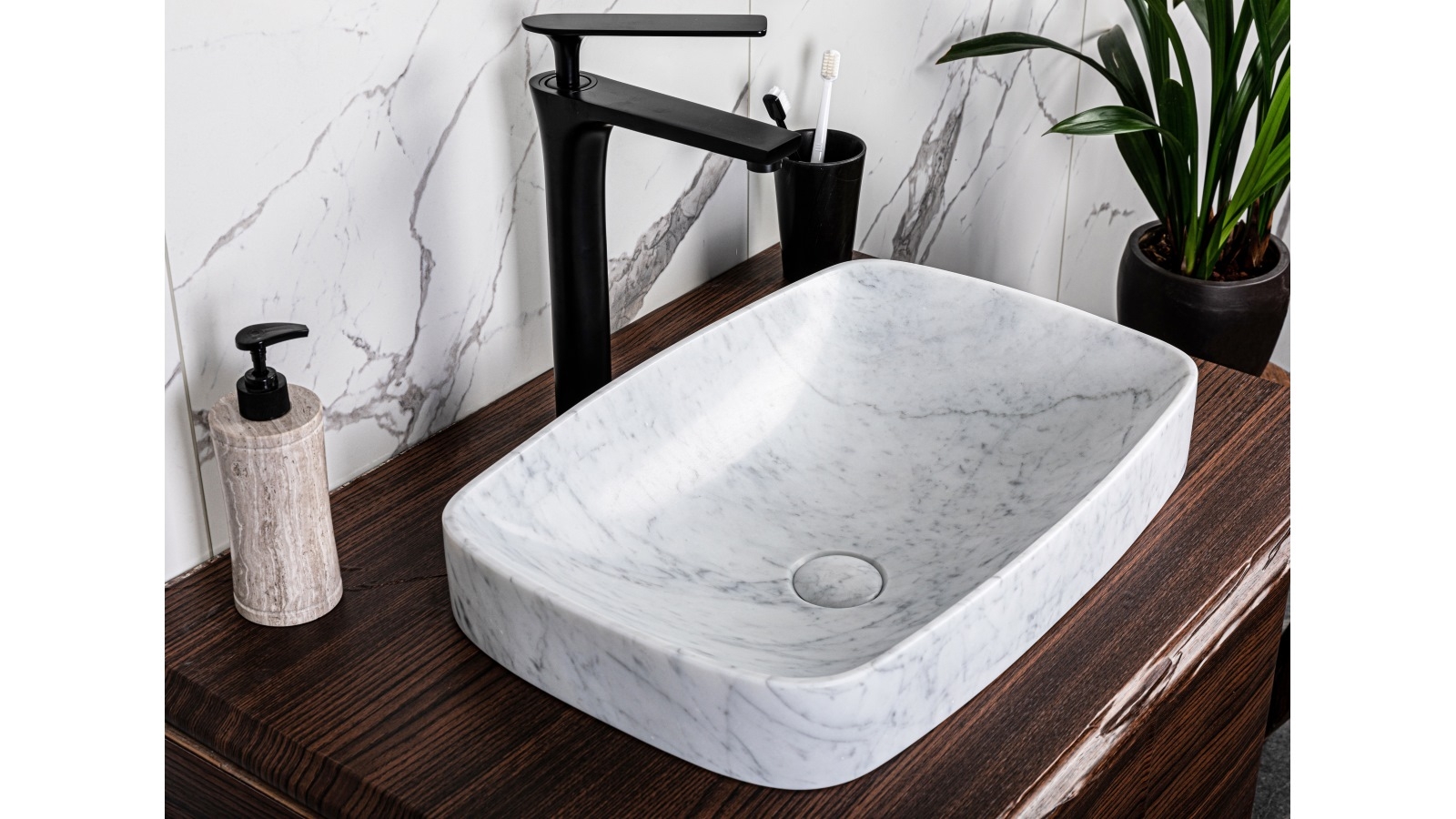 Sanceramica Art Semi-Inset Marble Drop In Basin - Carrara White Natural