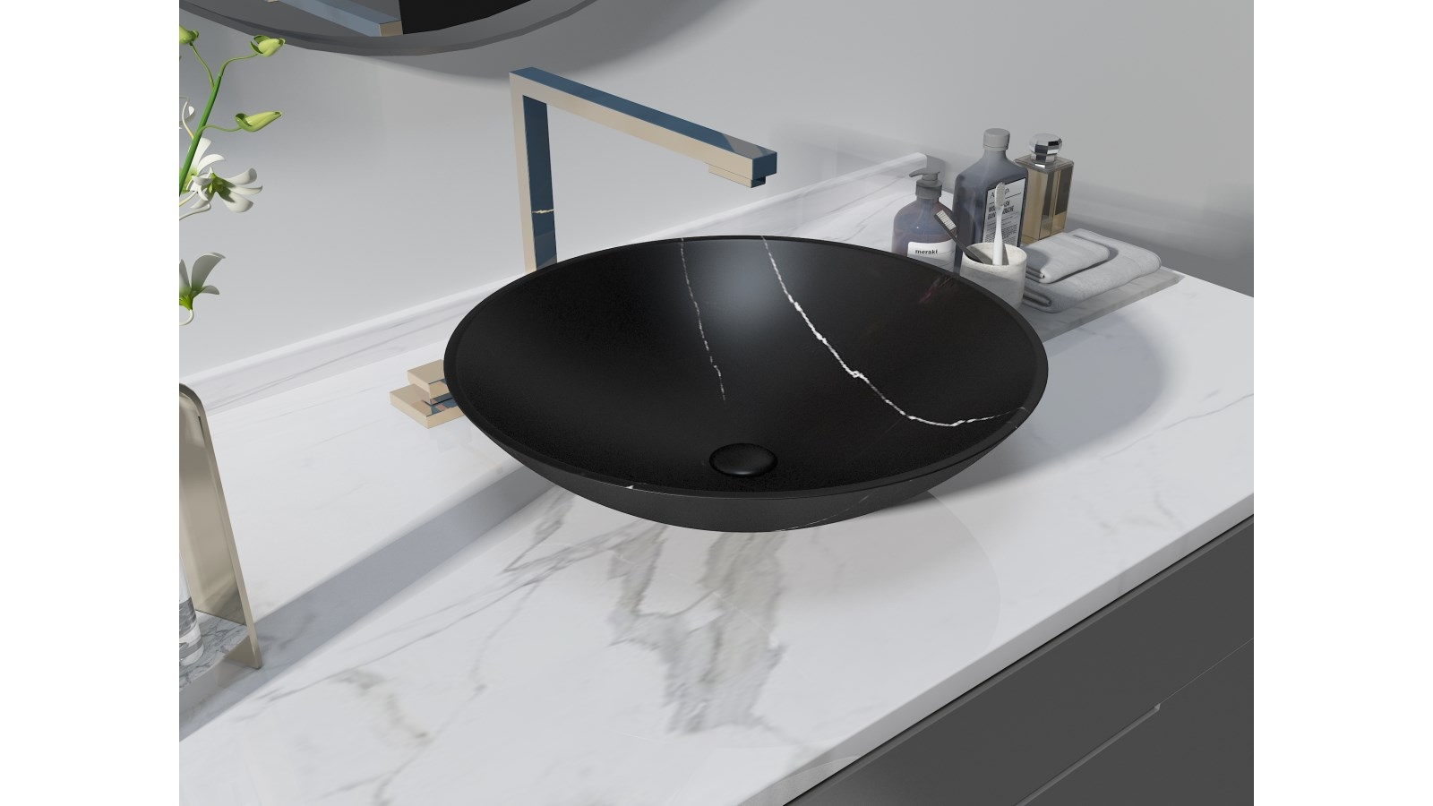 Sanceramica Rosa Round Nero Marquina Natural Marble Vessel Basin