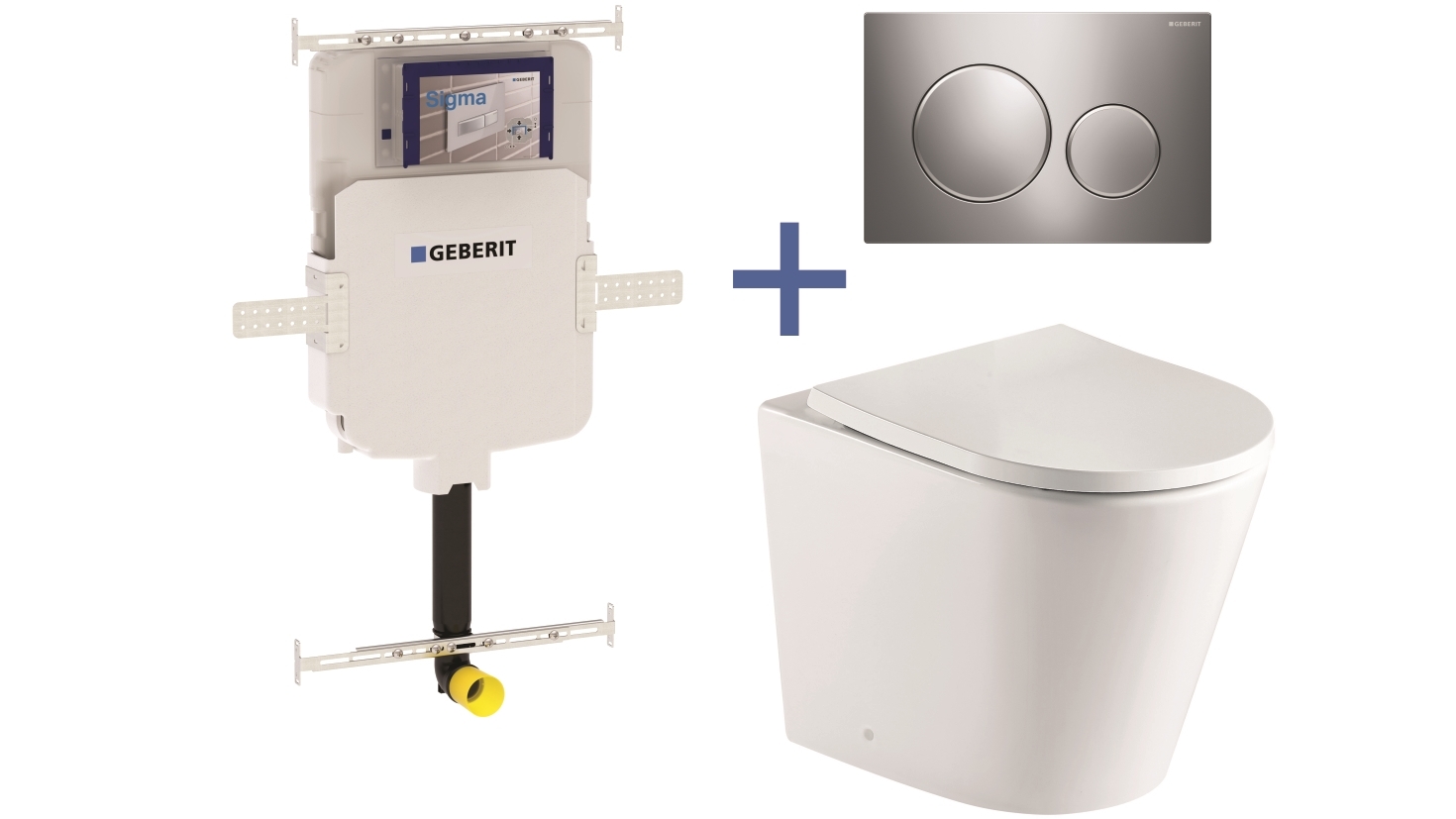 Geberit Sigma8 Cistern + Straight UQF Wall-Faced Toilet Pan with Sigma 20 Chrome Flush Plate