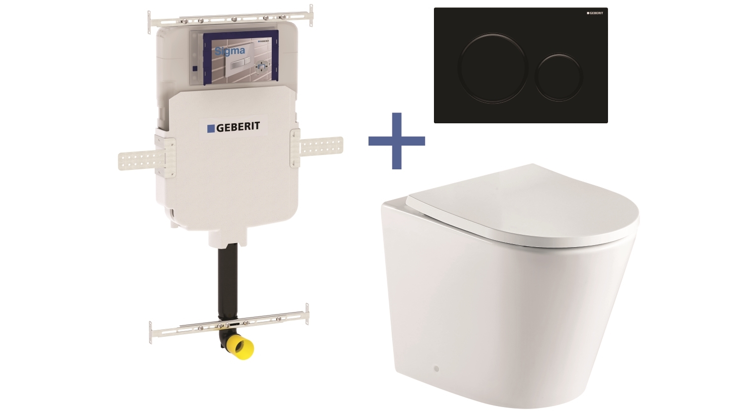 Geberit Sigma8 Cistern + Straight UQF Wall-Faced Toilet Pan with Sigma 20 Matte Black Flush Plate