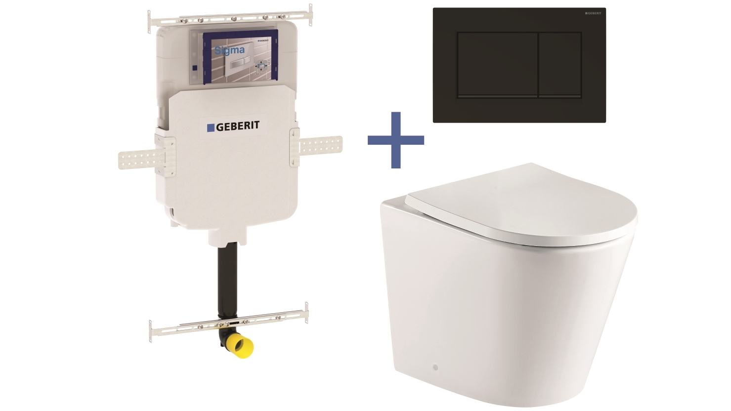 Geberit Sigma8 Cistern + Straight UQF Wall-Faced Toilet Pan with Sigma 30 Matte Black Flush Plate