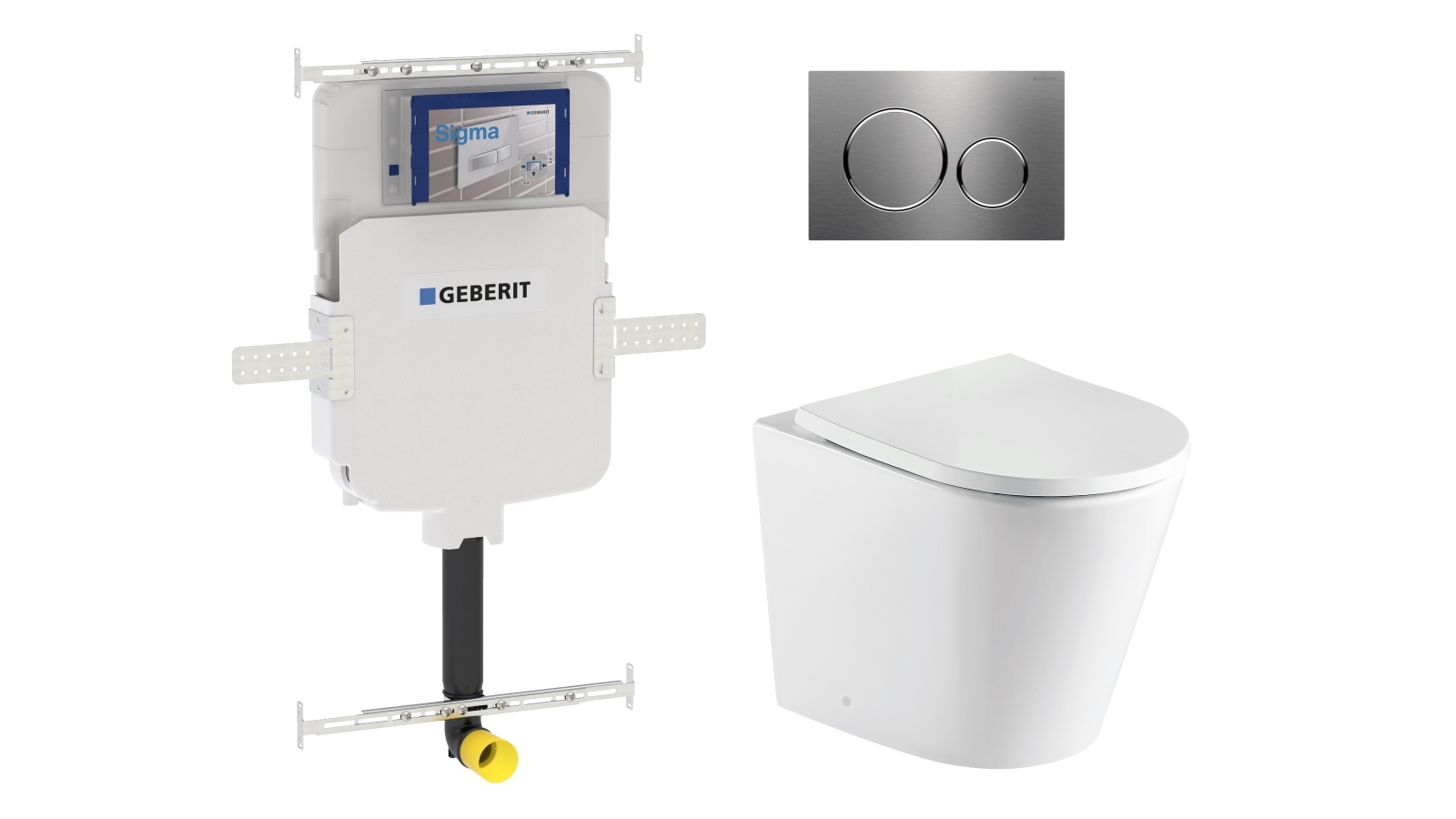Geberit Sigma8 Cistern + Straight UQF Wall-Faced Toilet Pan with Sigma 20 Brushed Stainless Flush Plate