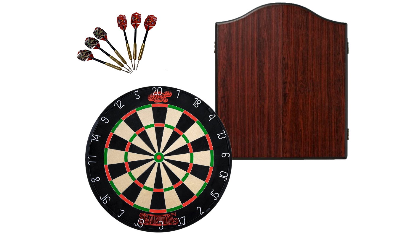 SHOT DARTS Bandit Dart Board with Winmau Rosewood Dartboard Cabinet & 6 Darts