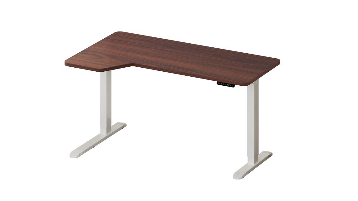 Oikiture 145cm White Frame Single Motor L-shape Electric Standing Desk - Walnut