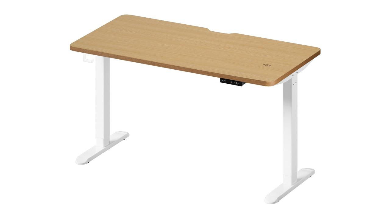 Oikiture White Frame 140cm Electric Standing Desk with Wireless Charging Single Motor - Oak