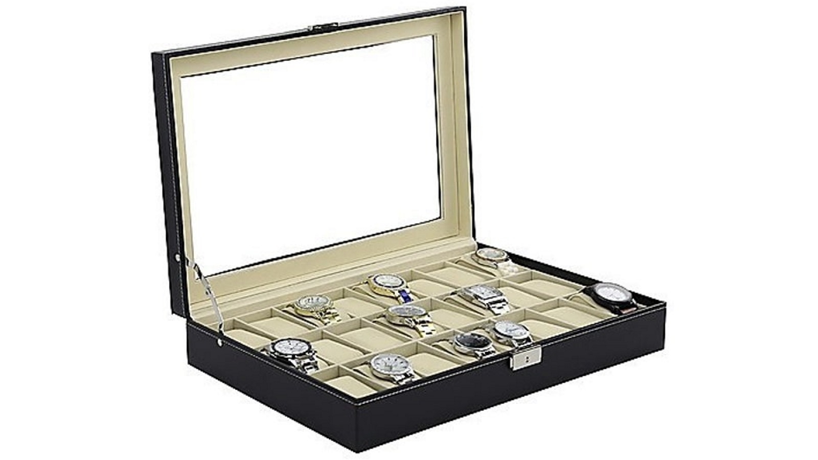 Luxury watch box velvet pillow slots premium display case online with framed glass lid