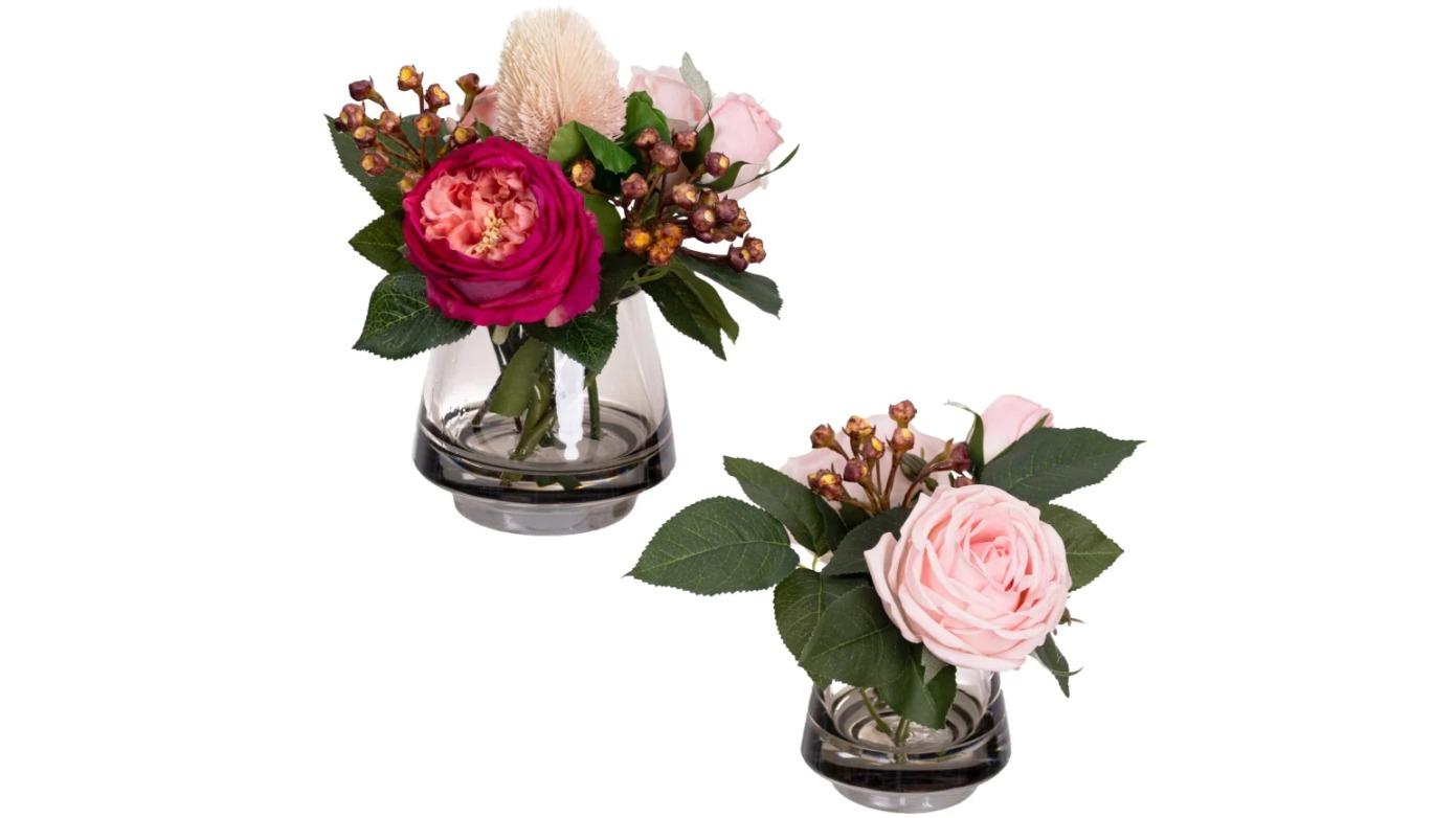 Glamorous Fusion Real Touch Rose Mixed Artificial Faux Flower Arrangement in Fishbowl Vase - Set of 2