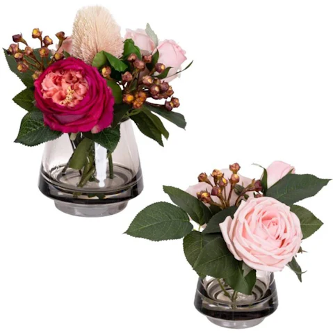 Glamorous Fusion Real Touch Rose Mixed Artificial Faux Flower Arrangement in Fishbowl Vase - Set of 2