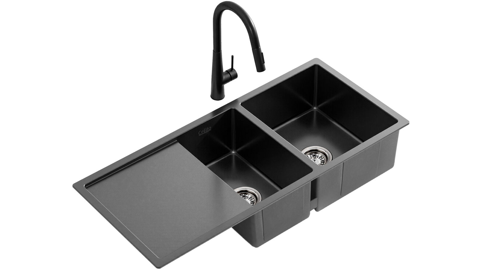 Cefito 100x45cm Stainless Steel Double Bowl Sink with Pull Out Mixer Tap - Black