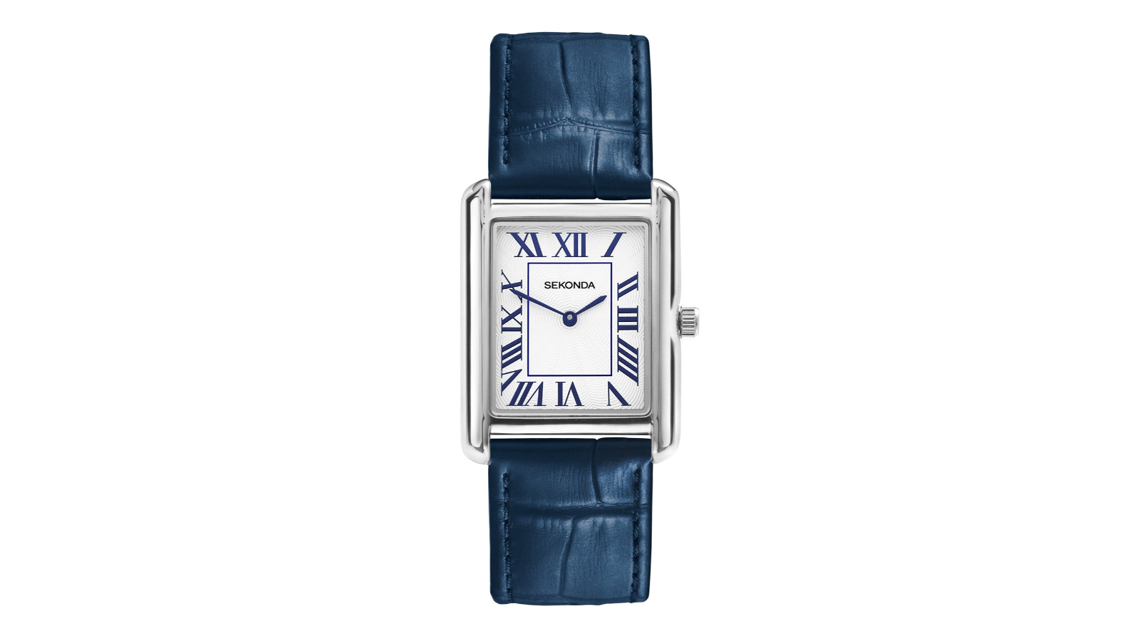 Sekonda Clement Silver Alloy Rectangle Case and Blue Leather Strap Mens Watch with White Dial