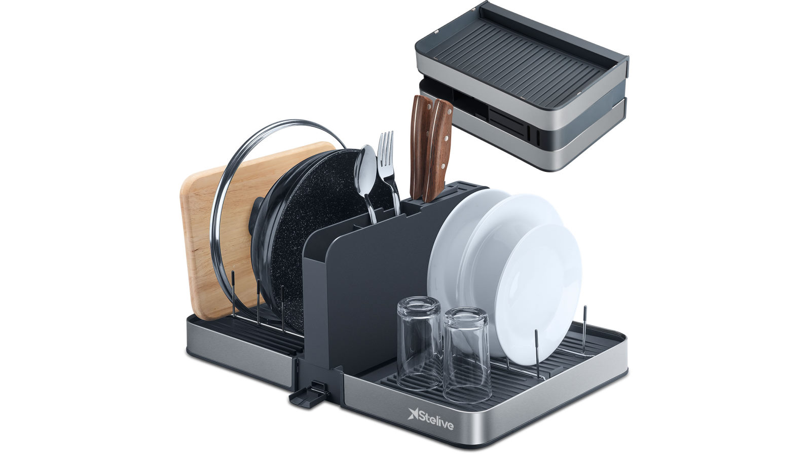 Stelive Foldable Dish Drying Rack with Dual Parts - Grey