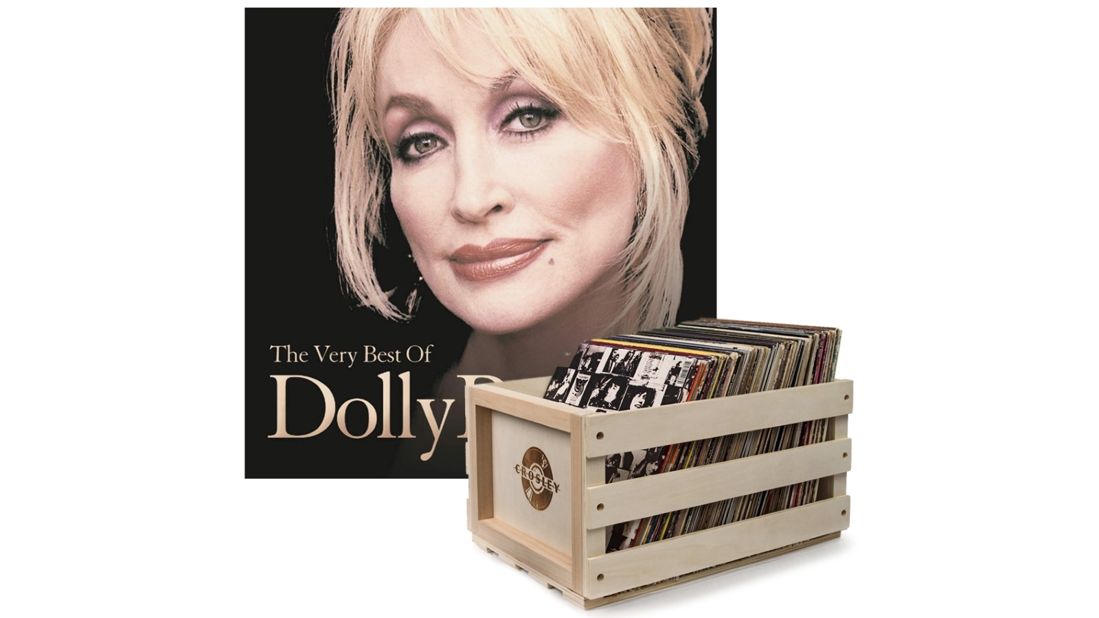 The Very Best Of Dolly Parton Vinyl Album and Crosley Record Storage Crate Bundle