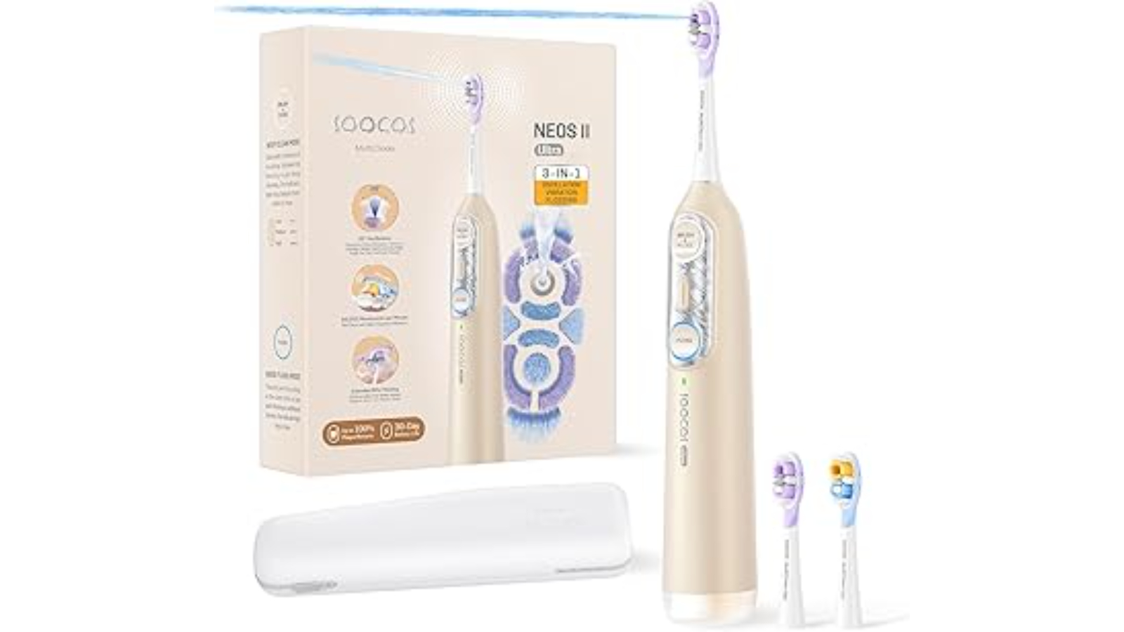 Soocas NEOS II Ultra Standard Bundle with 2 Brush Heads and Travel Case - Champagne Gold