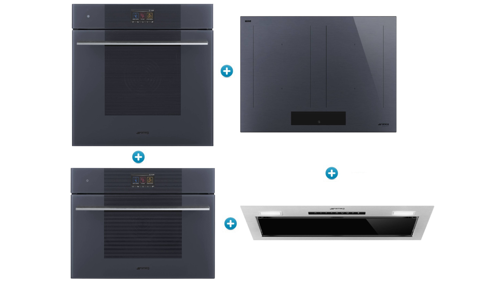 Smeg Linea 60cm Steam 100 Pro Oven with MultiZone Induction Cooktop plus Compact Speedwave Oven and Undermount Rangehood with Autovent 2.0