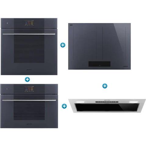 Smeg Linea 60cm Steam 100 Pro Oven with MultiZone Induction Cooktop plus Compact Speedwave Oven and Undermount Rangehood with Autovent 2.0