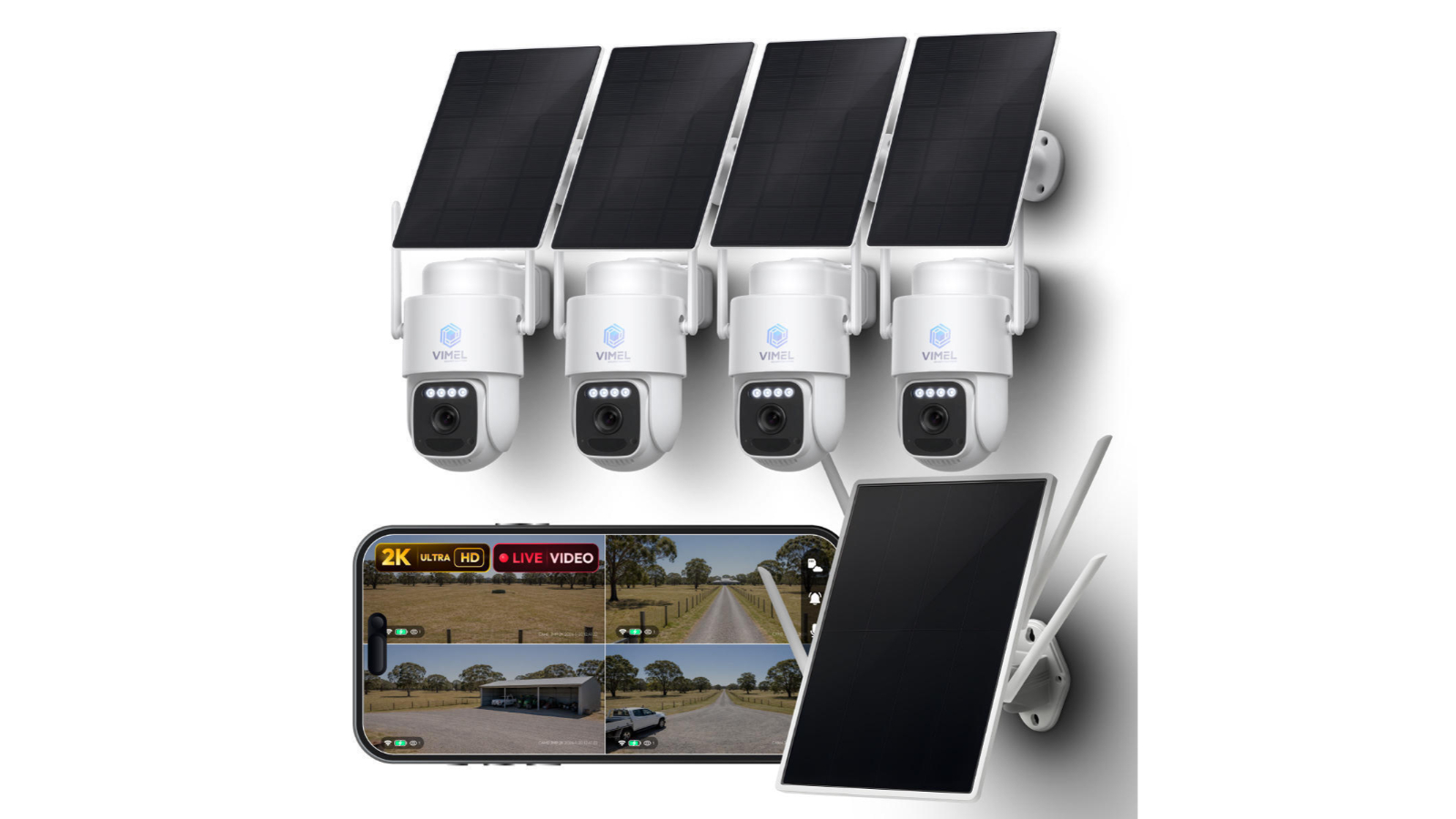 Vimel Off-Grid Wireless 200M Solar 4G Security Camera System - Pack of 4