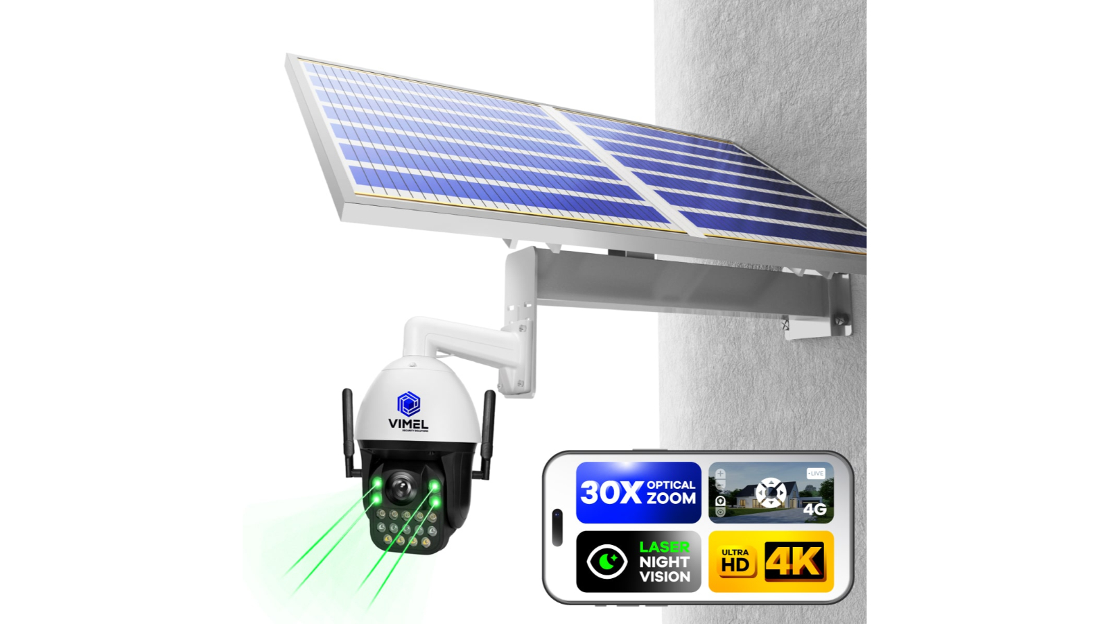 Vimel  4G 4K Farm Construction Site Security Camera Solar and Battery, 30X, SIM Card