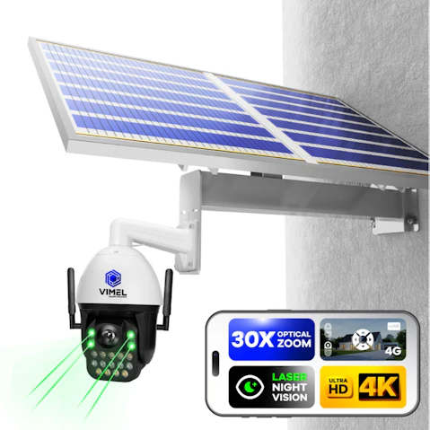 Vimel 4G 4K Farm Construction Site Security Camera Solar and Battery, 30X, SIM Card