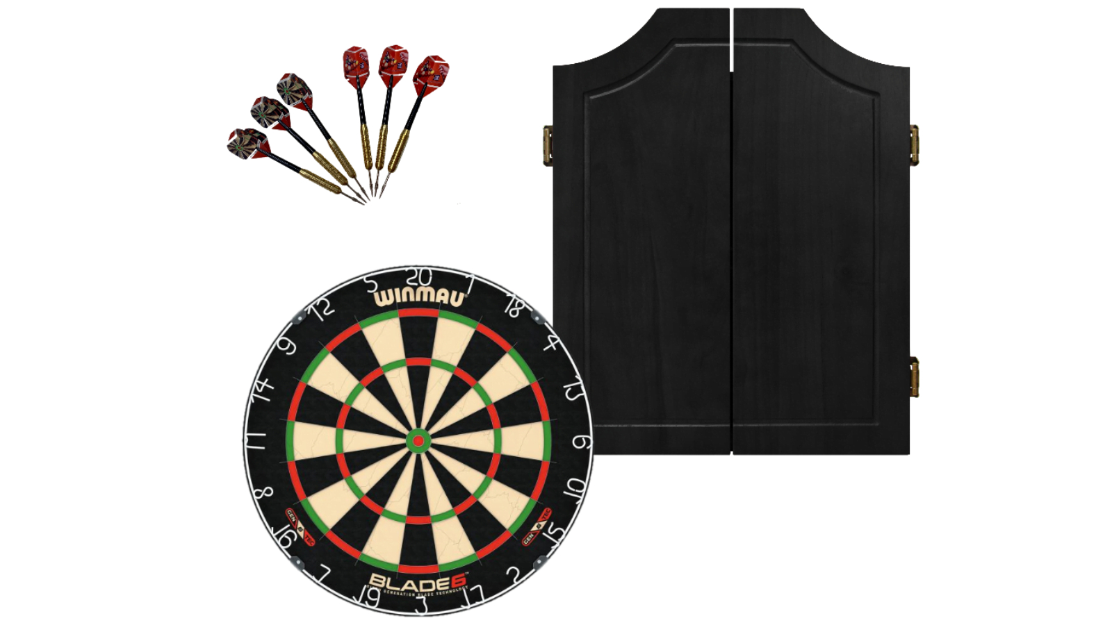 Winmau 6 Blade + Solid Wood Dart Board Black Cabinet + Dart Set 