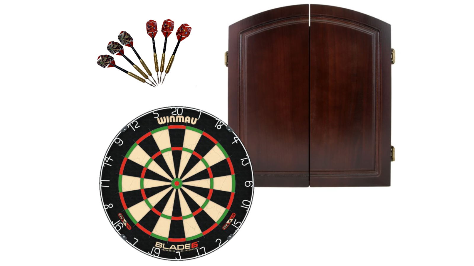 Winmau 6 Blade + Solid Wood Cherry Dart Board Cabinet + Dart Set