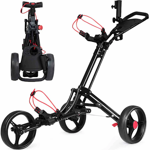 Costway Black Aluminum 3-Wheel Folding Buggy Trolley Golf Push Cart