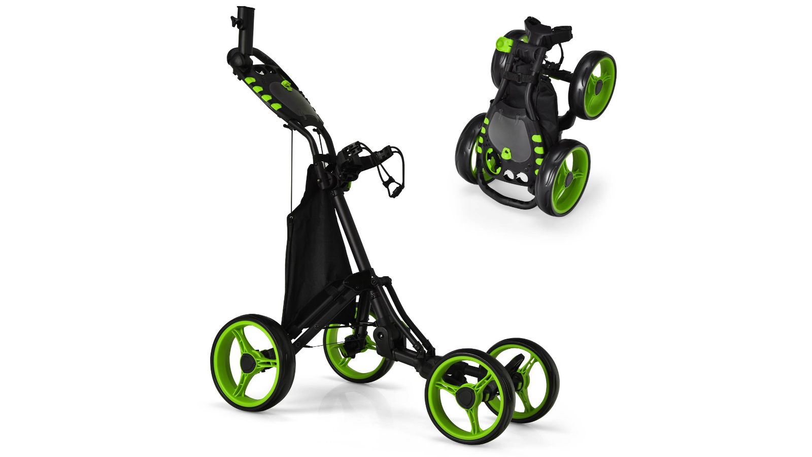 Costway 4-Wheel Adjustable Golf Club Push Cart with Storage Bag and Umbrella Holder - Green