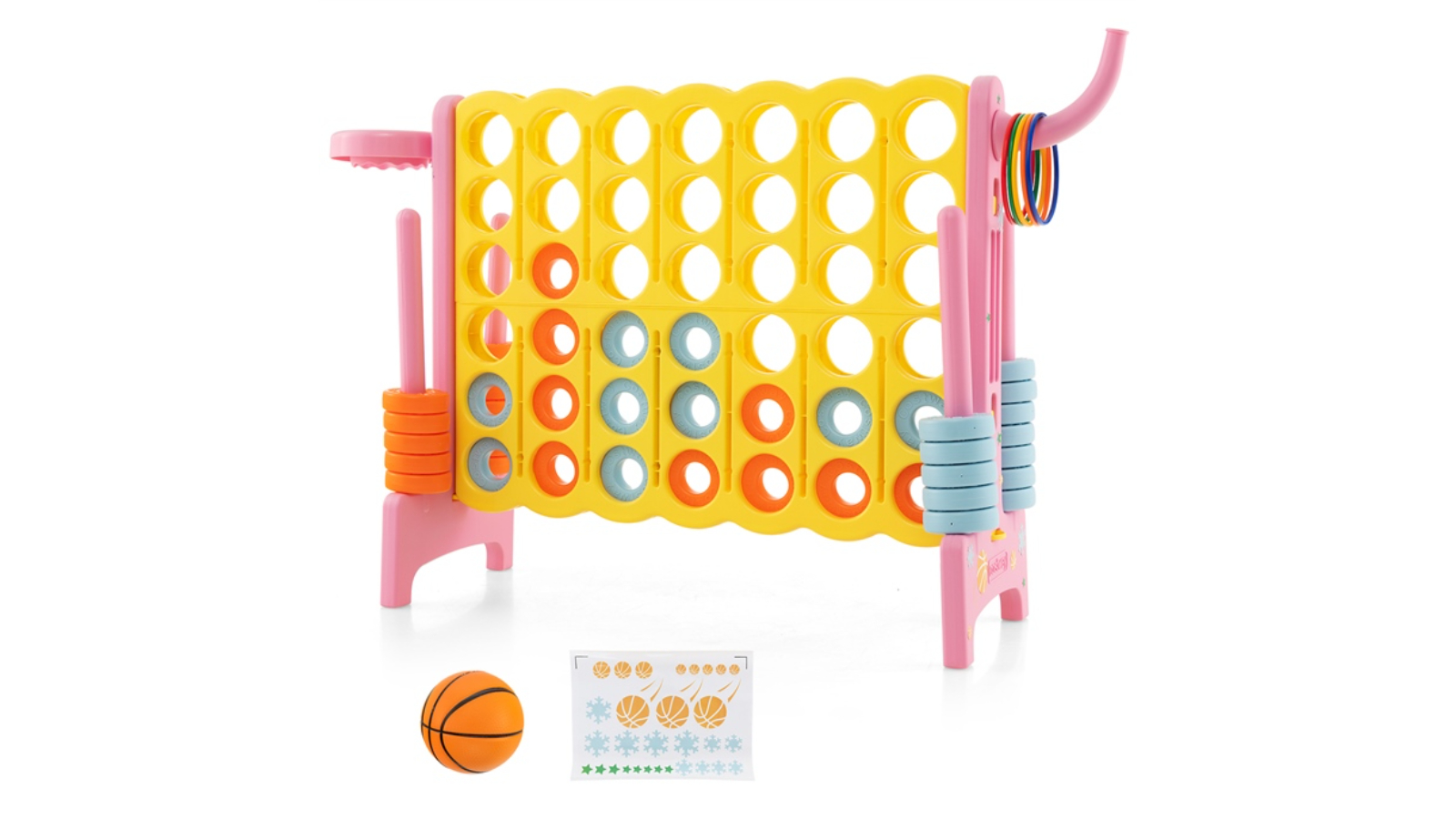 Costway Giant Connect 4-in-A Row Game Set with Basketball Hoop and Toss Ring - Pink