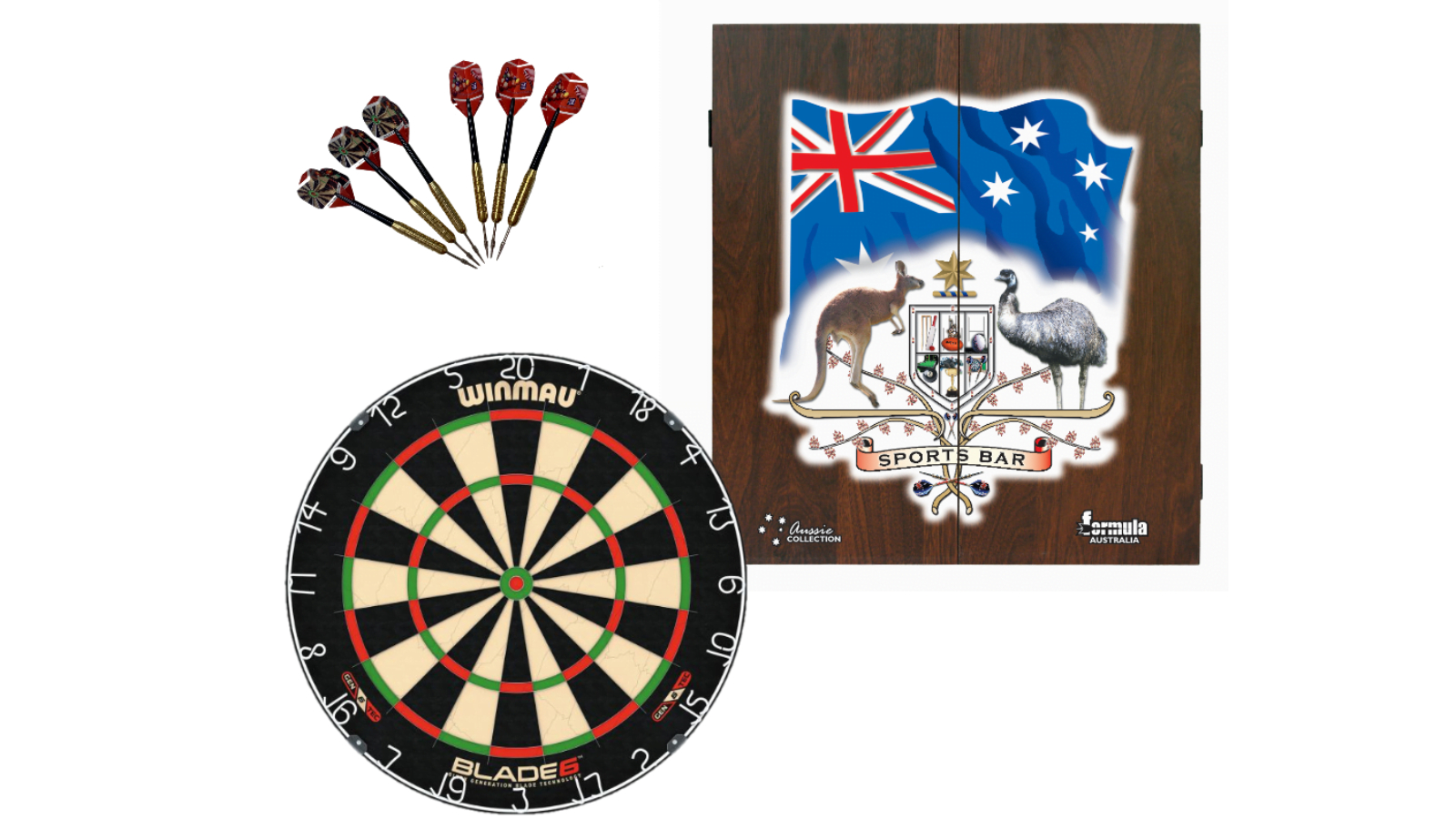 Winmau Professional Blade 6 Dartboard with Darts Set and Sports Bar Coat of Arms Cabinet