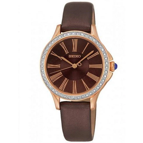 Seiko Swarovski SRZ446 P1 Gold/Brown Dial Leather Strap Women's Analog Watch