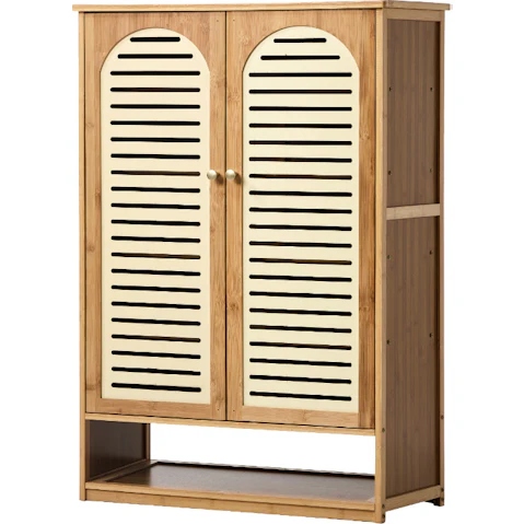 Oikiture 2-Door Bamboo Shoe Storage Cabinet Organiser Shelf - Beige