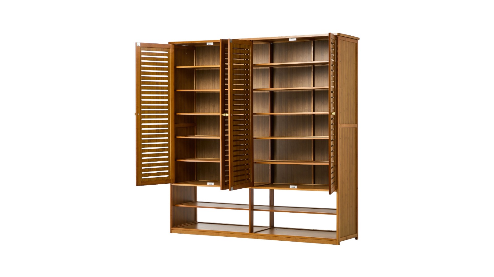 Oikiture Bamboo 4-Door Shoe Storage Cabinet Organiser with 2-Bottom Shelf - Brown