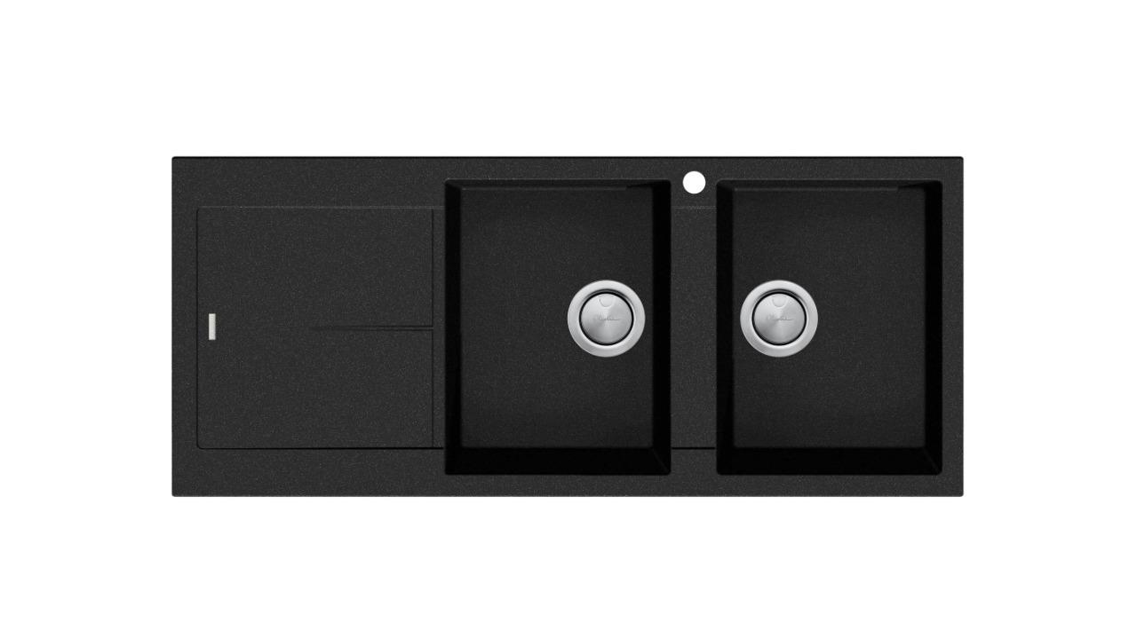 Oliveri Santorini Double Bowl Topmount Sink with Right Hand Drainer - Black
