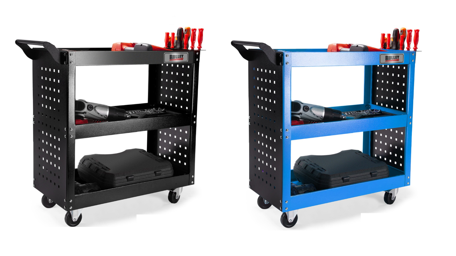 Bullet Pro 3-Tier Steel Tool Trolley Cart with Pegboard/Screwdriver Bay