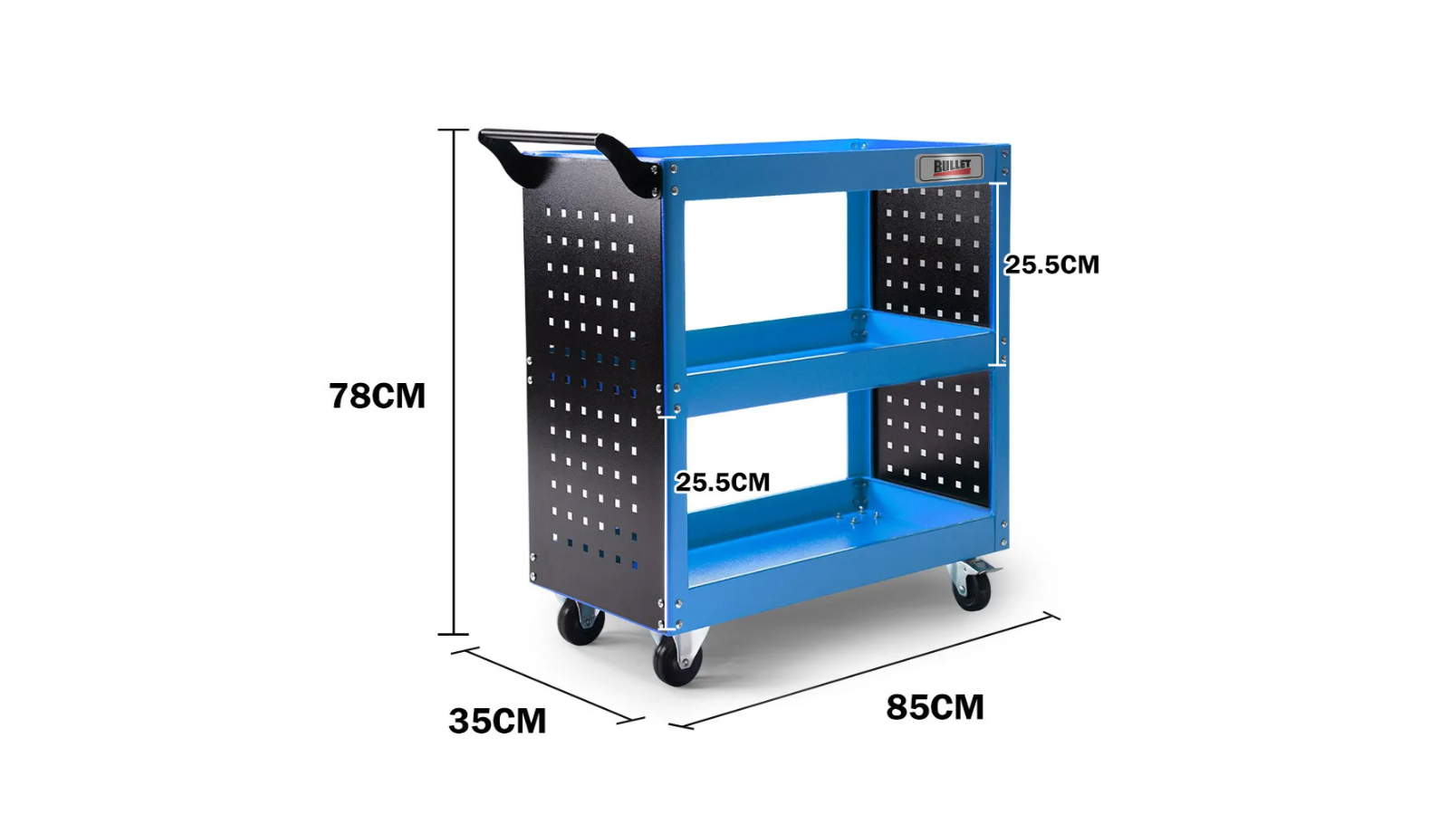 Bullet 3-Tier Steel Tool Trolley Cart, For Workshop, Mechanic, With Pegboard, Screwdriver Bay, Blue