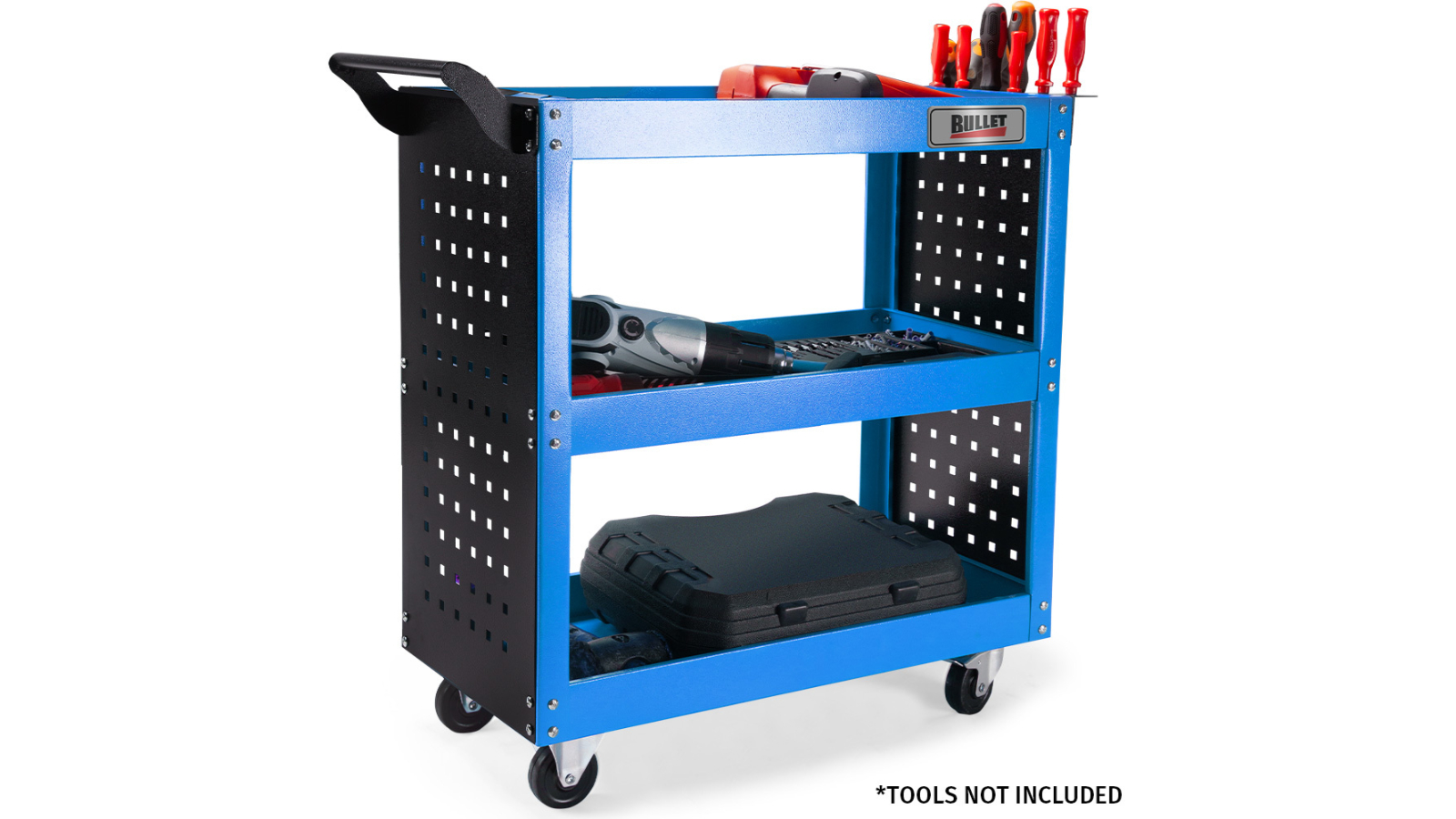 Bullet Pro 3-Tier Steel Tool Trolley Cart with Pegboard/Screwdriver Bay - Blue