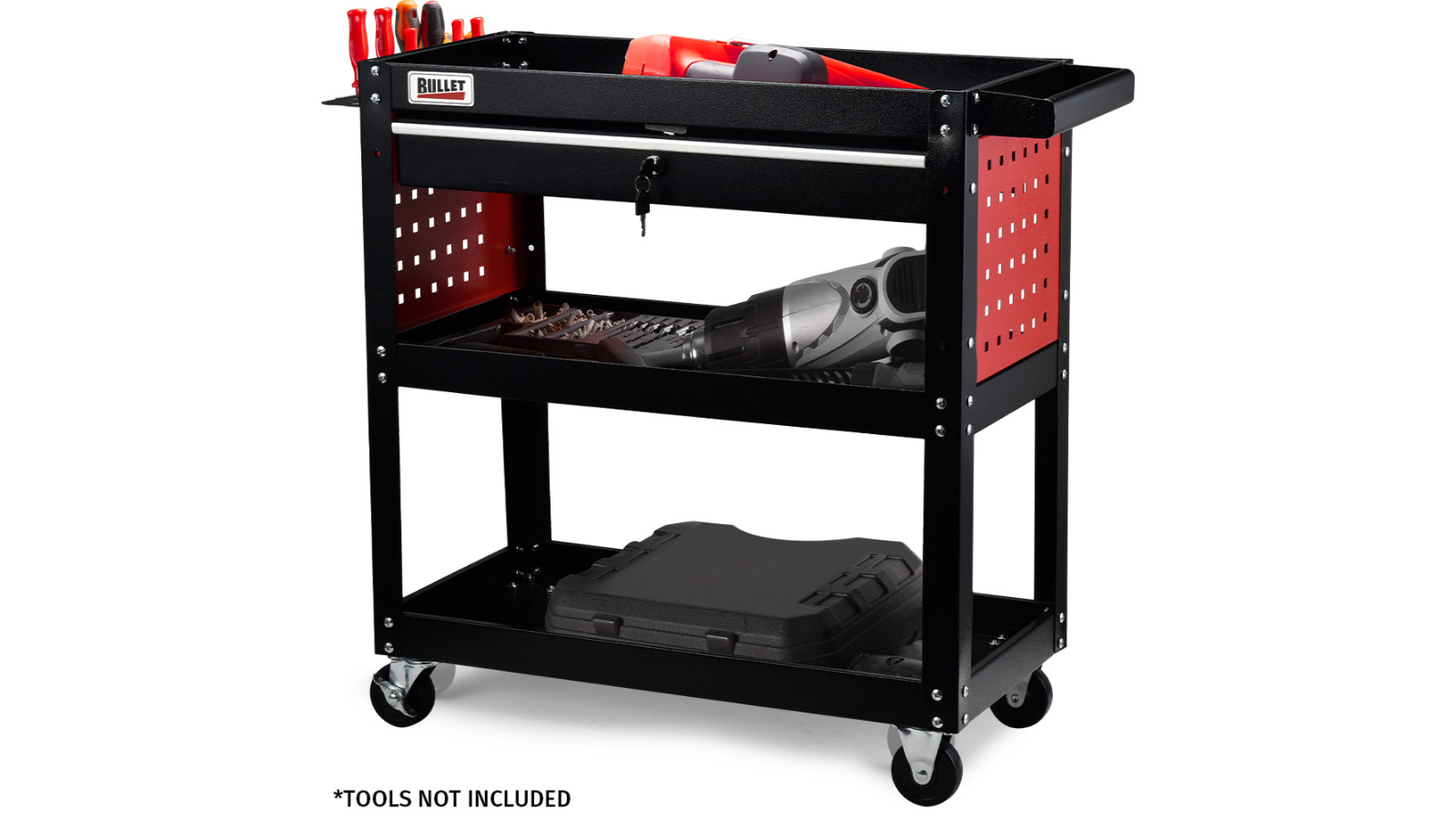 Bullet Pro 3-Tier Steel Tool Trolley Cart with Drawer/Pegboard/Screwdriver Bay - Black/Red