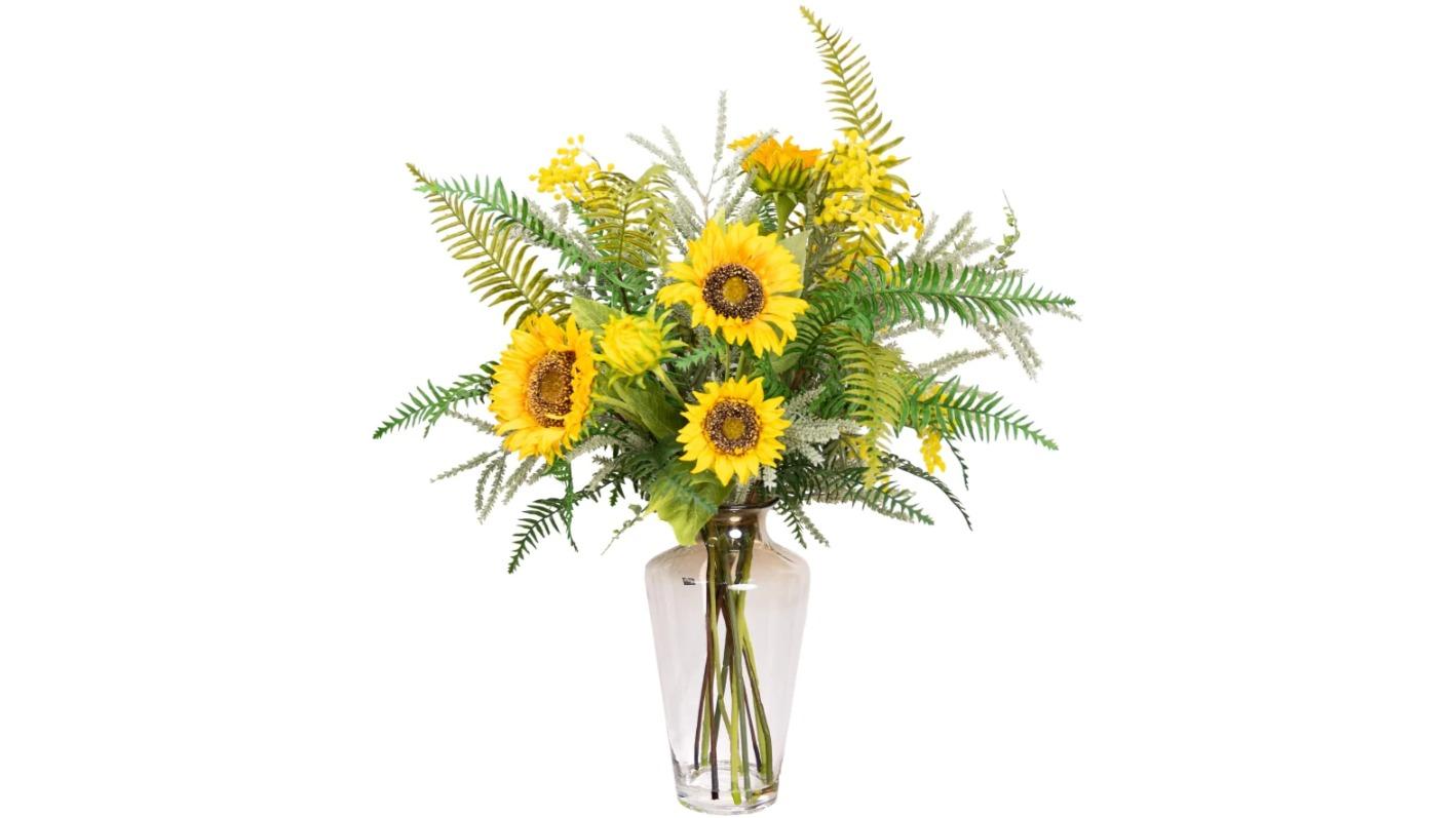 Glamorous Fusion Sunflower and Mimosa Artificial Faux Flower Mixed Arrangement - 70cm