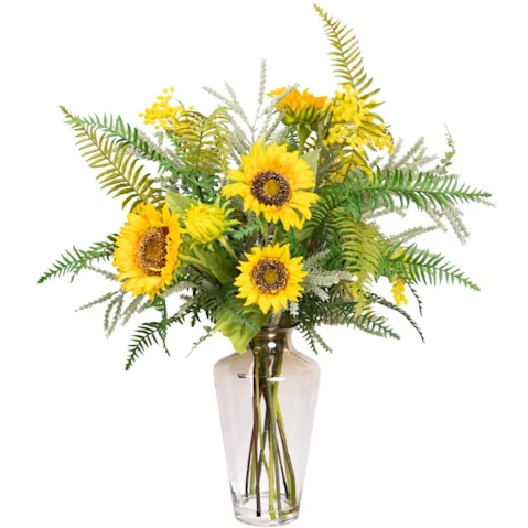 Glamorous Fusion Sunflower and Mimosa Artificial Faux Flower Mixed Arrangement - 70cm