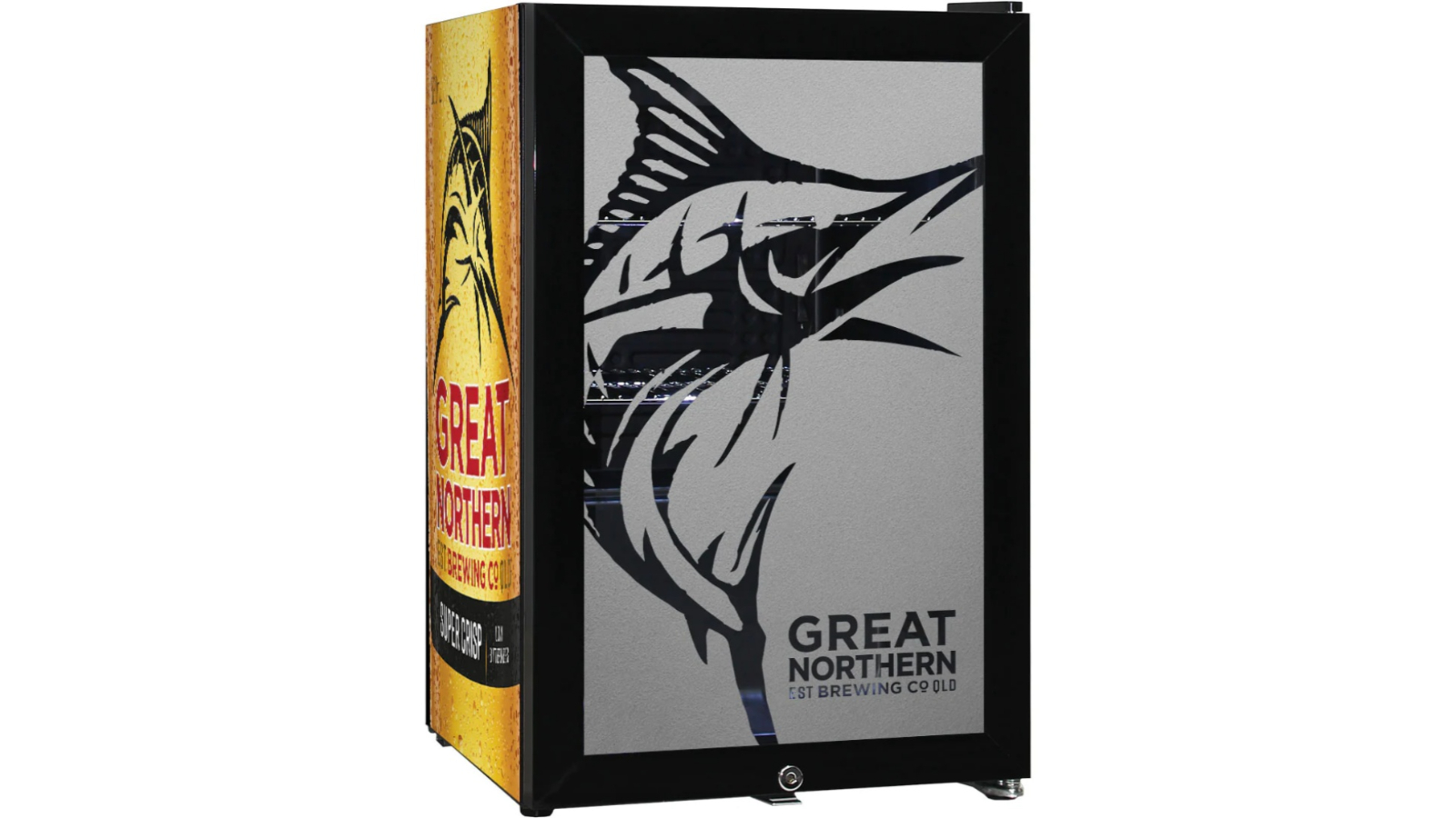 Man Cave Super Crisp Great Northern Glass Door Bar Fridge with Cool Frosted Logo 70 Litre