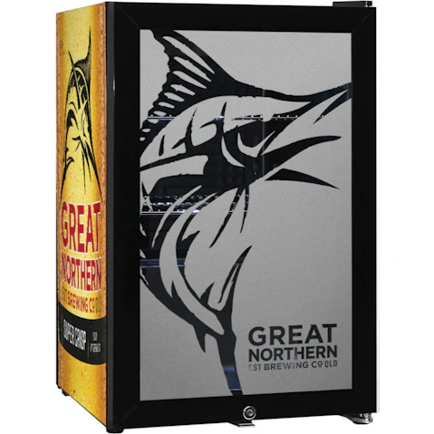 Man Cave Super Crisp Great Northern Glass Door Bar Fridge with Cool Frosted Logo 70 Litre