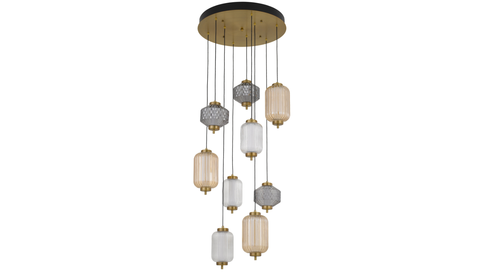 Pretty & Practical Padua Brass 9-Light LED Pendant with Amber Smoke and Clear Glass Detail