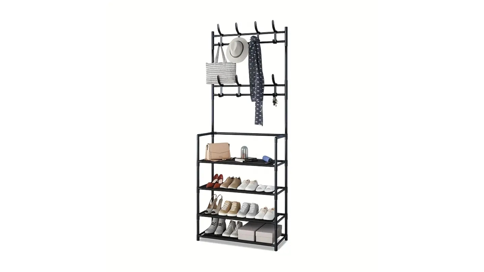 TM Multifunctional Coat Shoe Rack Organizer with Storage Shelves and Hook